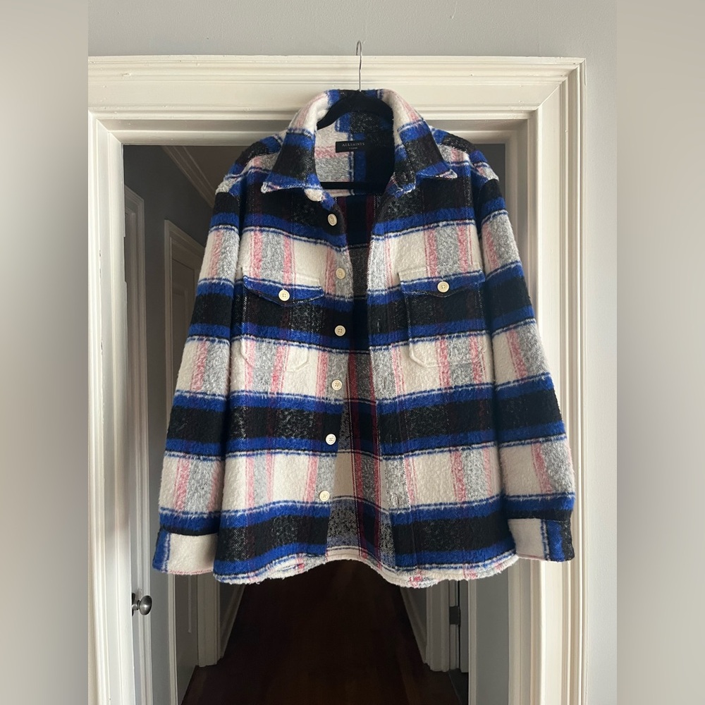 All Saints Men's Blue & White Plaid Shacket Jacket